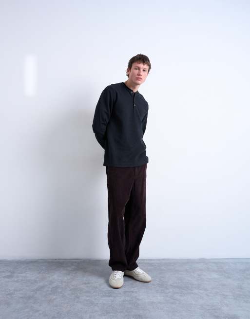 Topman - Premium - Sort henley-T-shirt i kraftigt materiale med vaffeltekstur og afslappet pasform, 5 af 5