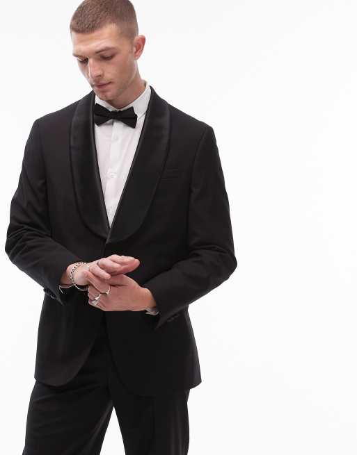Topman - Premium - Sort smoking-habitjakke med sjalskrave i uldblanding i firkantet pasform