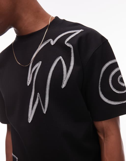 Topman - Premium - Sort T-shirt med abstrakt snorbroderi foran og bagpå i afslappet pasform, 3 af 4