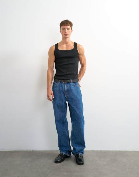 Topman premium square neck ribbed singlet in black - view 1