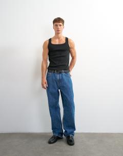Model wearing Premium square neck ribbed vest in black