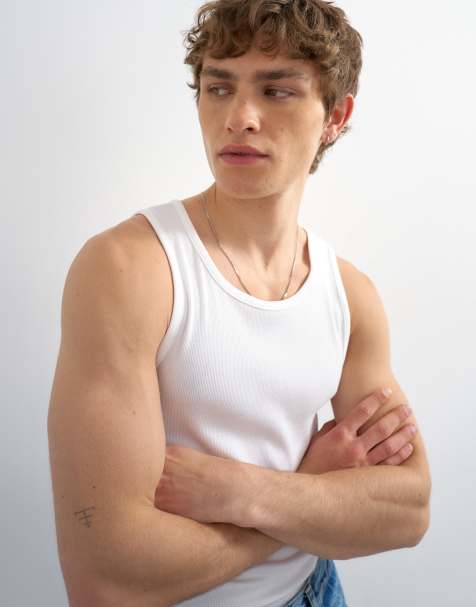 Topman premium square neck ribbed vest in white - view 1