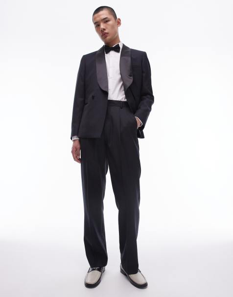 Topman premium straight high waisted relaxed wool tux suit pants in black - view 1