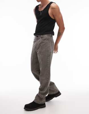 Topman Premium Straight Studded Suede Pants In Gray
