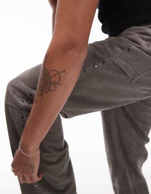 Topman Premium Straight Studded Suede Pants In Gray