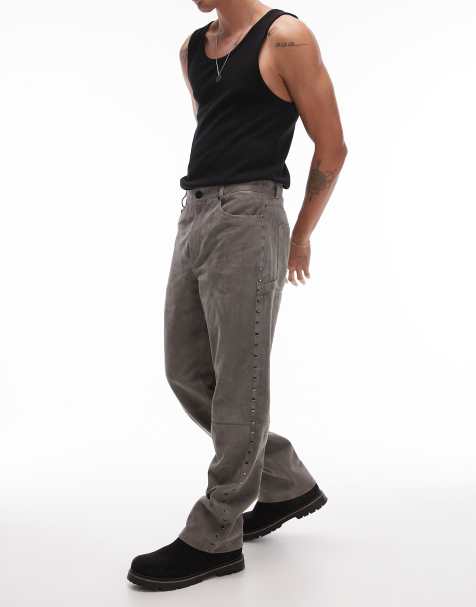 Topman premium straight studded suede pants in grey - view 1