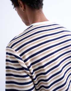 Model wearing Premium stripe navy crop fit t-shirt in stripe