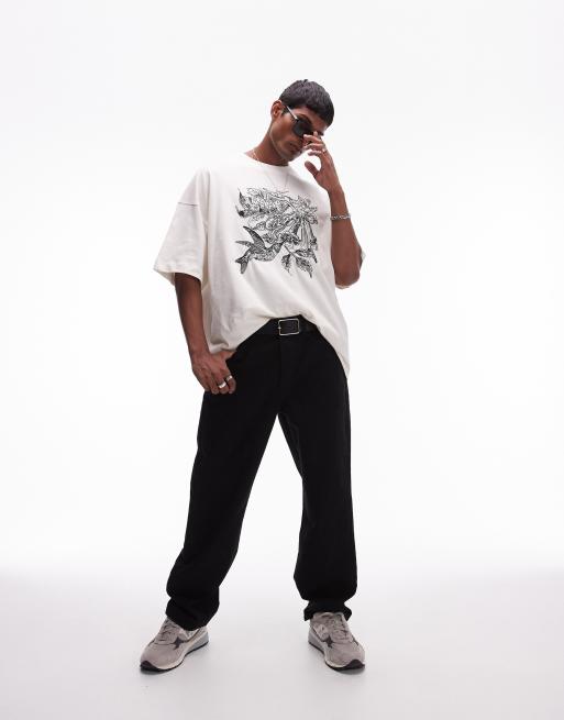 Topman – Premium – Super-Oversize-T-Shirt in Ecru mit Hummel-Stickerei