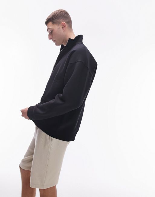 Topman – Premium – Svart, grov sweatshirt trompe med ståkrage och dragkedja