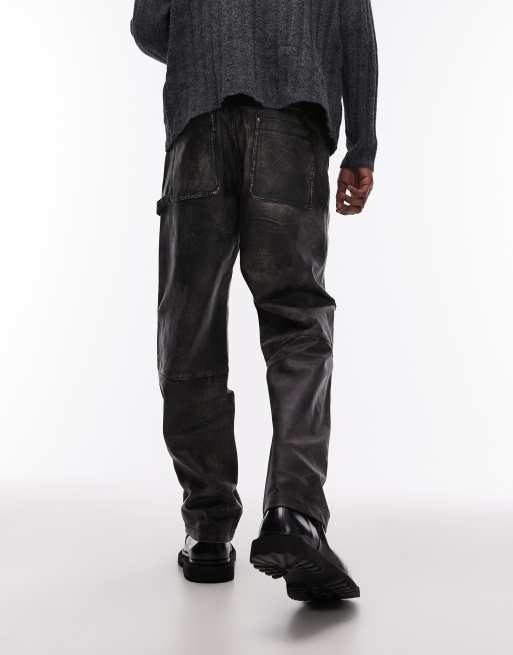 Topman – Premium – Svarta, raka, slitna byxor i läder, 4 av 5