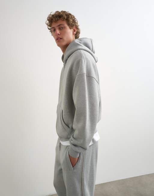 Topman premium sweat à capuche zippé intégral coupe carrée épaisse gris chiné, 5 de 5