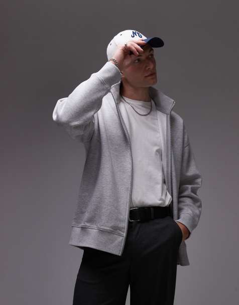 Topman - Premium - Sweatshirt van zware stof met rits en opstaande boord in gemêleerd grijs - view 1