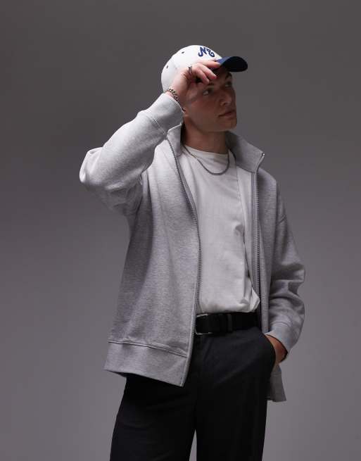 Topman - Premium - Sweatshirt van zware stof met rits en opstaande boord in gemêleerd grijs