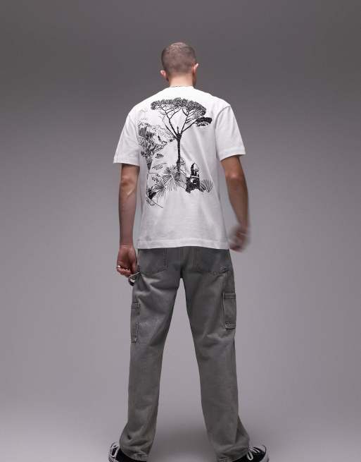 Topman - Premium - T-shirt met oversized pasvorm en geborduurde Amalfi kust-schets aan de voor- en achterkant in wit