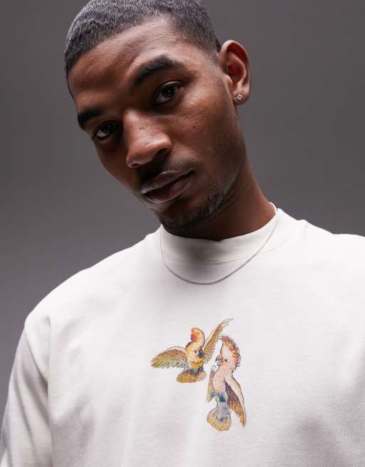 Topman – Premium-T-Shirt mit übergroßer Passform und Kakadu-Print in verwaschenem Stein