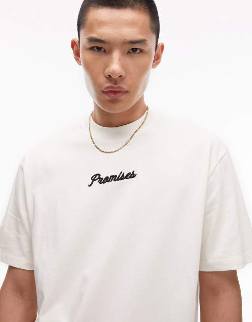 Topman Premium – T-shirt o fasonie extreme oversize w kolorze ecru z wyhaftowanym napisem „Promises”