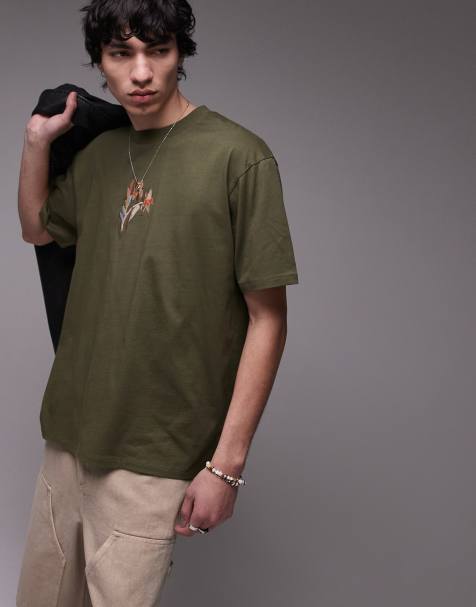 Topman Premium - T-shirt oversize à fleurs brodées - Vert foncé - view 1
