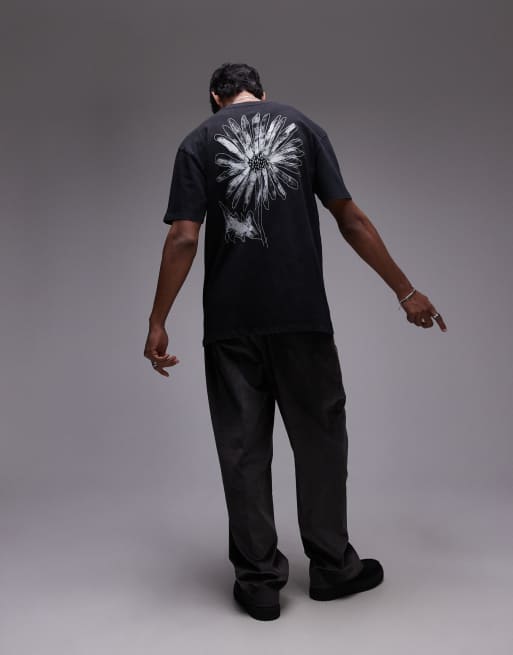 Topman - Premium - T-shirt oversize avec imprimé et broderie fleur linéaire devant et au dos - Noir délavé