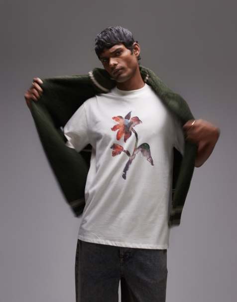 Topman Premium - T-shirt oversize avec imprimé fleur effet aquarelle à l'avant et au dos - Écru - view 1