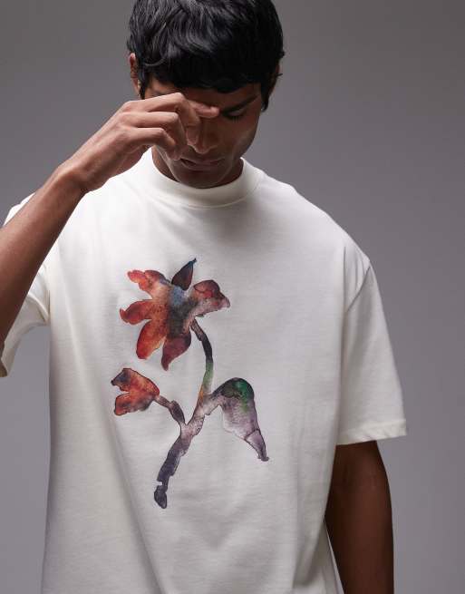 Dipinti Magliette A Fiori Topman Premium T-shirt Oversize écru Con