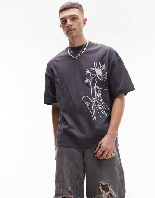 Topman - Premium - T-shirt ultra oversize avec broderie fleurie devant et au dos - Anthracite