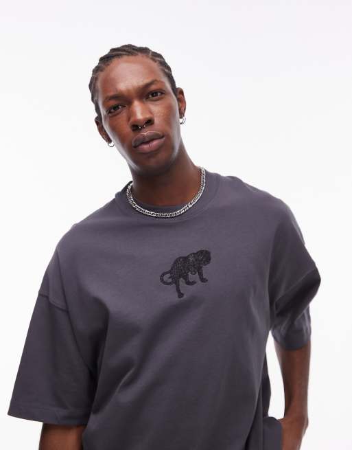 Topman - Premium - T-shirt ultra oversize avec broderie léopard devant et au dos - Anthracite