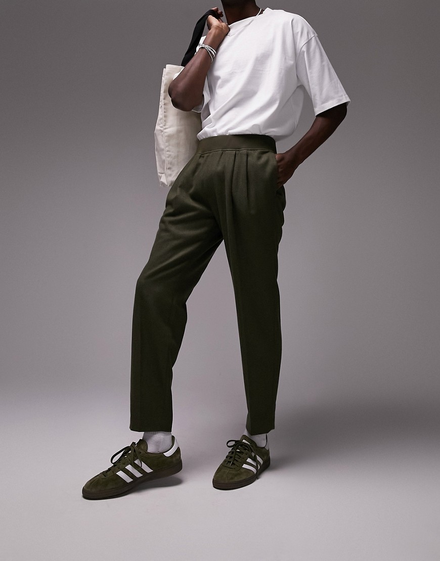 Topman Premium tapered wool mix elasticized waist pants in khaki-Green