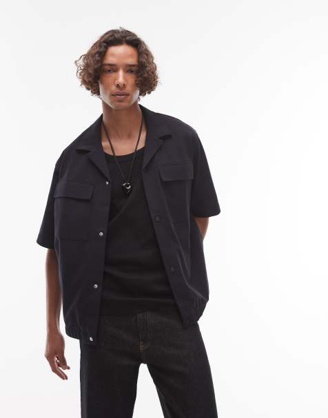 Topman premium utility button through jersey shirt with poppers in navy - view 1