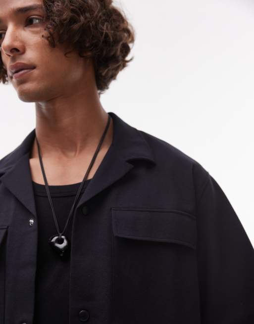 Topman premium utility button through jersey shirt with poppers in navy, 2 of 4