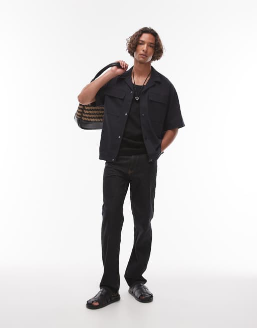 Topman premium utility button through jersey shirt with poppers in navy, 3 of 4