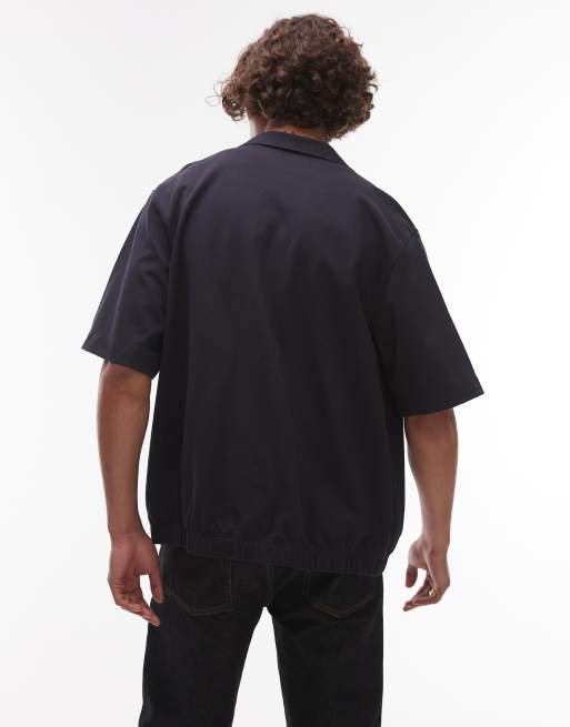 Topman premium utility button through jersey shirt with poppers in navy, 4 of 4