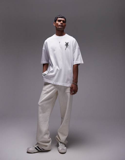 Topman – Premium – Vit t-shirt i extra oversize med blombroderi fram och baktill, 3 av 4