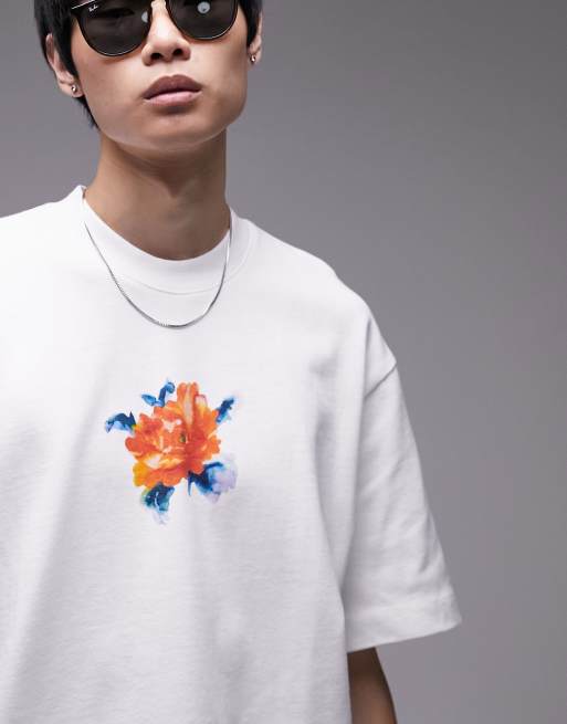 Topman – Premium – Vit t-shirt i oversize med målad blomma