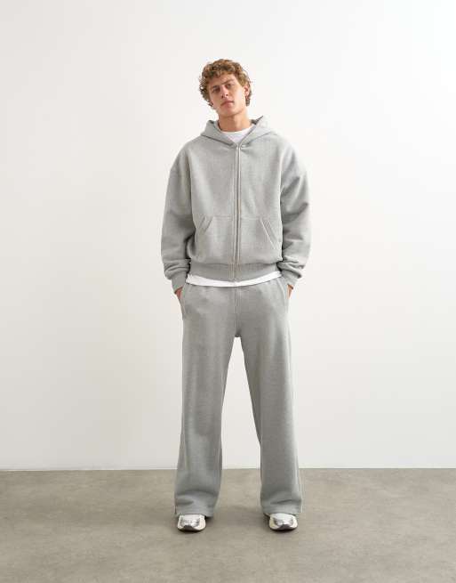 Topman premium wide leg heavyweight full side zip jogger in gray heather, 2 of 5
