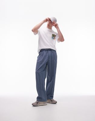 Topman Premium Wide Leg Paper Bag Pants In Blue