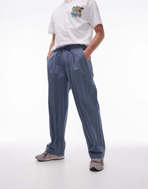 Topman premium wide leg paper bag pants in blue | ASOS