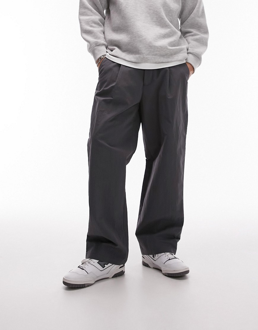 Topman Premium Wide Leg Paper Bag Pants In Charcoal-gray