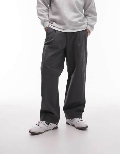 Topman premium wide leg paper bag pants in charcoal