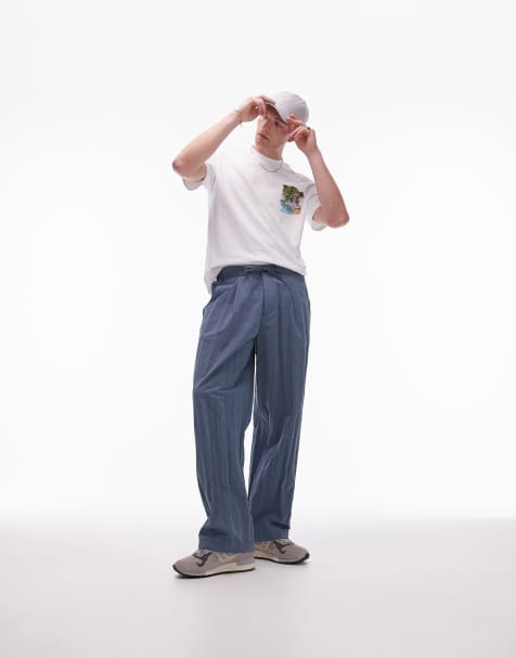 Topman premium wide leg paper bag trousers in blue - view 1