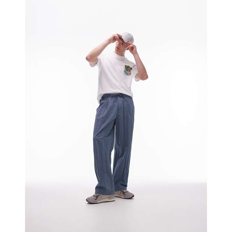 Topman premium wide leg paper bag trousers in blue ASOS