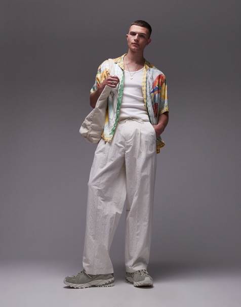 Topman premium wide leg paper bag trousers in ecru - view 1