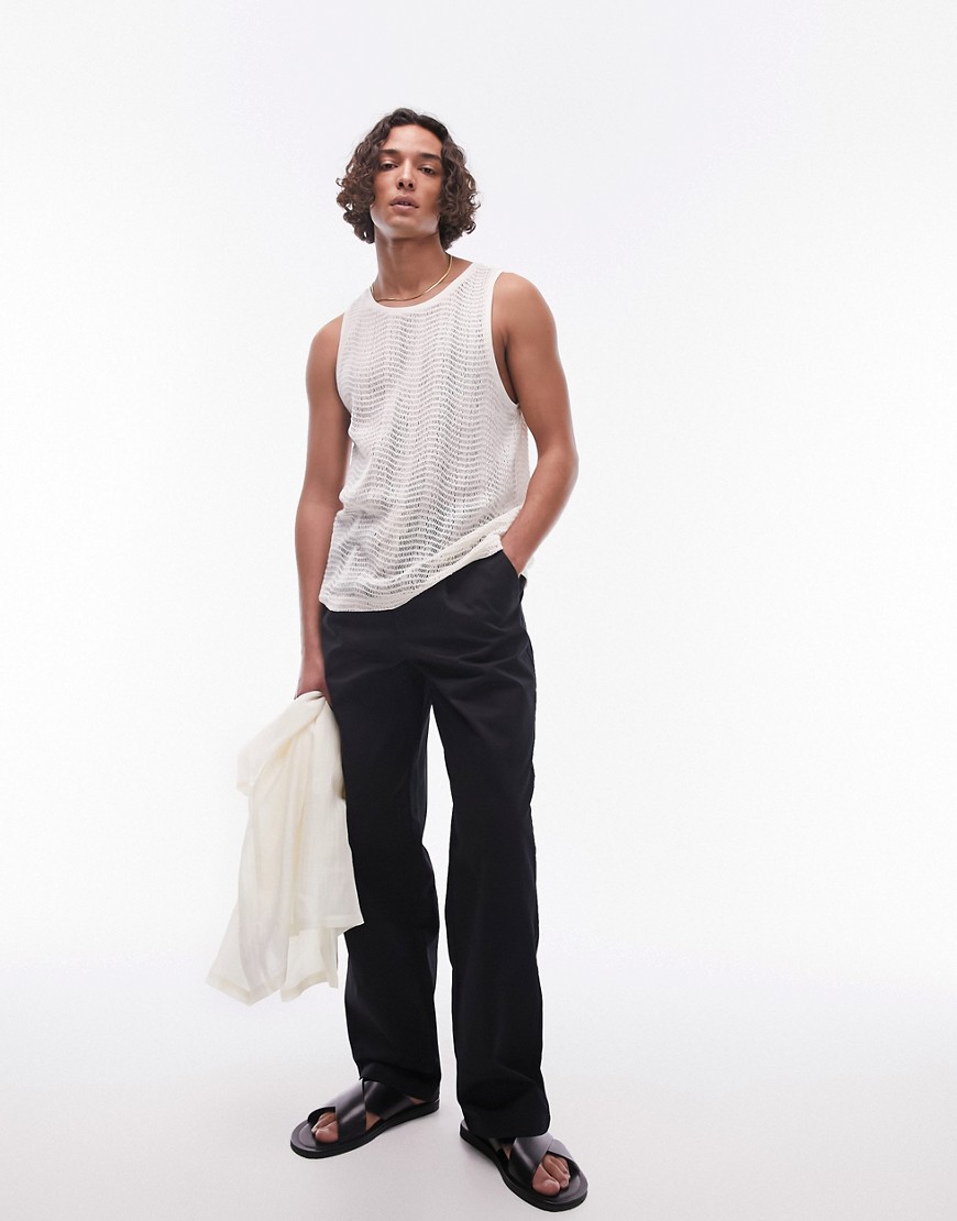 Topman premium wide leg with pleat workwear chino trousers with draw string in black