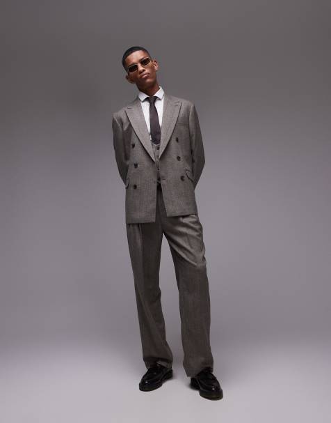 Topman premium wide leg wool mix striped herringbone suit pants in brown - view 1