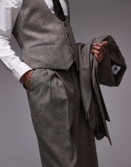 Topman premium wide leg wool mix striped herringbone suit