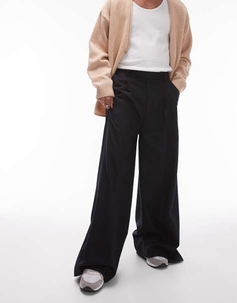 Topman premium wide twin pleat trouser in navy - view 1