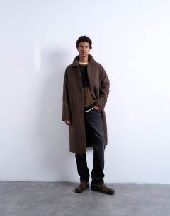 Model wearing Premium wool blend raglan over coat in chocolate