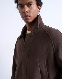 Model wearing Premium wool blend raglan over coat in chocolate