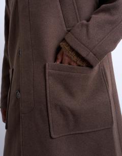 Model wearing Premium wool blend raglan over coat in chocolate