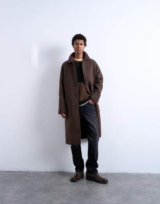 Topman Premium Wool Blend Raglan Overcoat In Brown