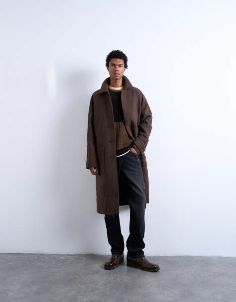 Topman premium wool blend raglan overcoat in chocolate - view 1